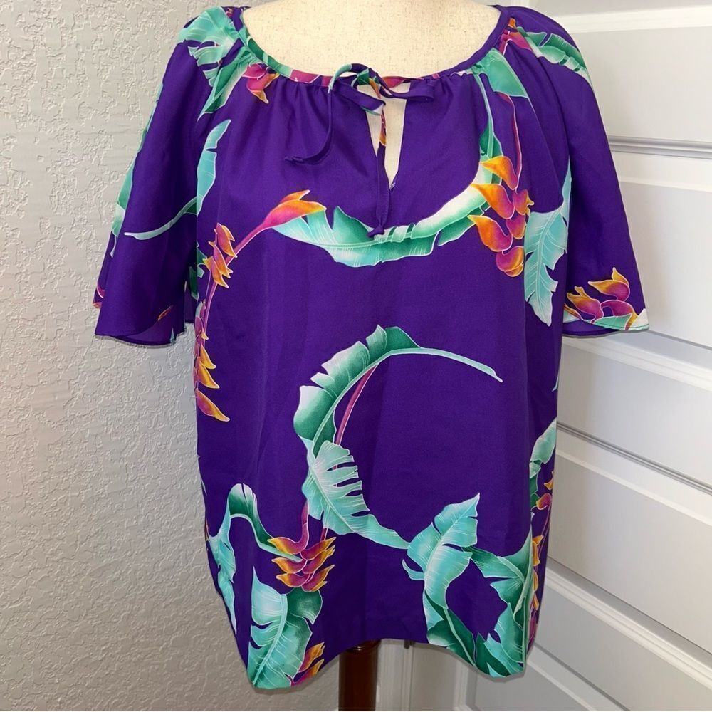 Vintage Hilo Hattie Tropical Print Flutter Short Sleeve Blouse Shirt Top